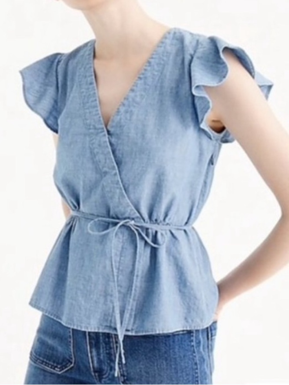 J. CREW Chambray Flutter Sleeve Faux Wrap Top Size 6